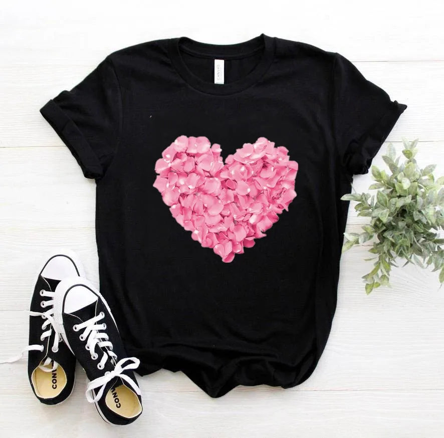 Pink Heart Flower Print Tshirt for Women, Casual Funny T Shirt, 90s Lady Yong Girl,