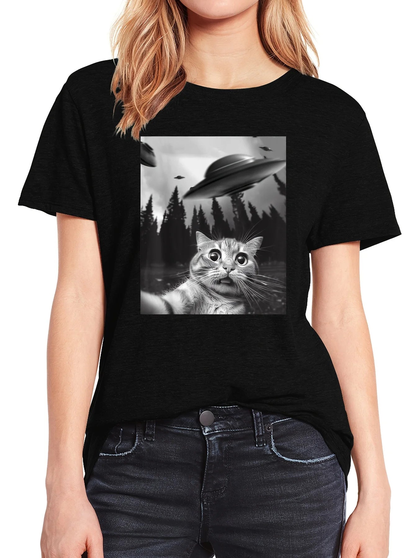 Cat & UFO Print Crew Neck T-Shirt, Casual Short Sleeve T-Shirt For Spring & Summer, Women's Clothing